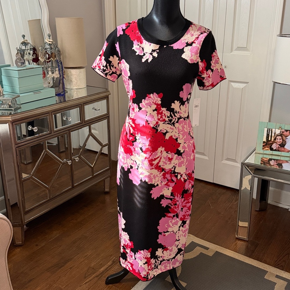London Style Collection Knit Dress in Black, Red & Pink SO CUTE - M NWT